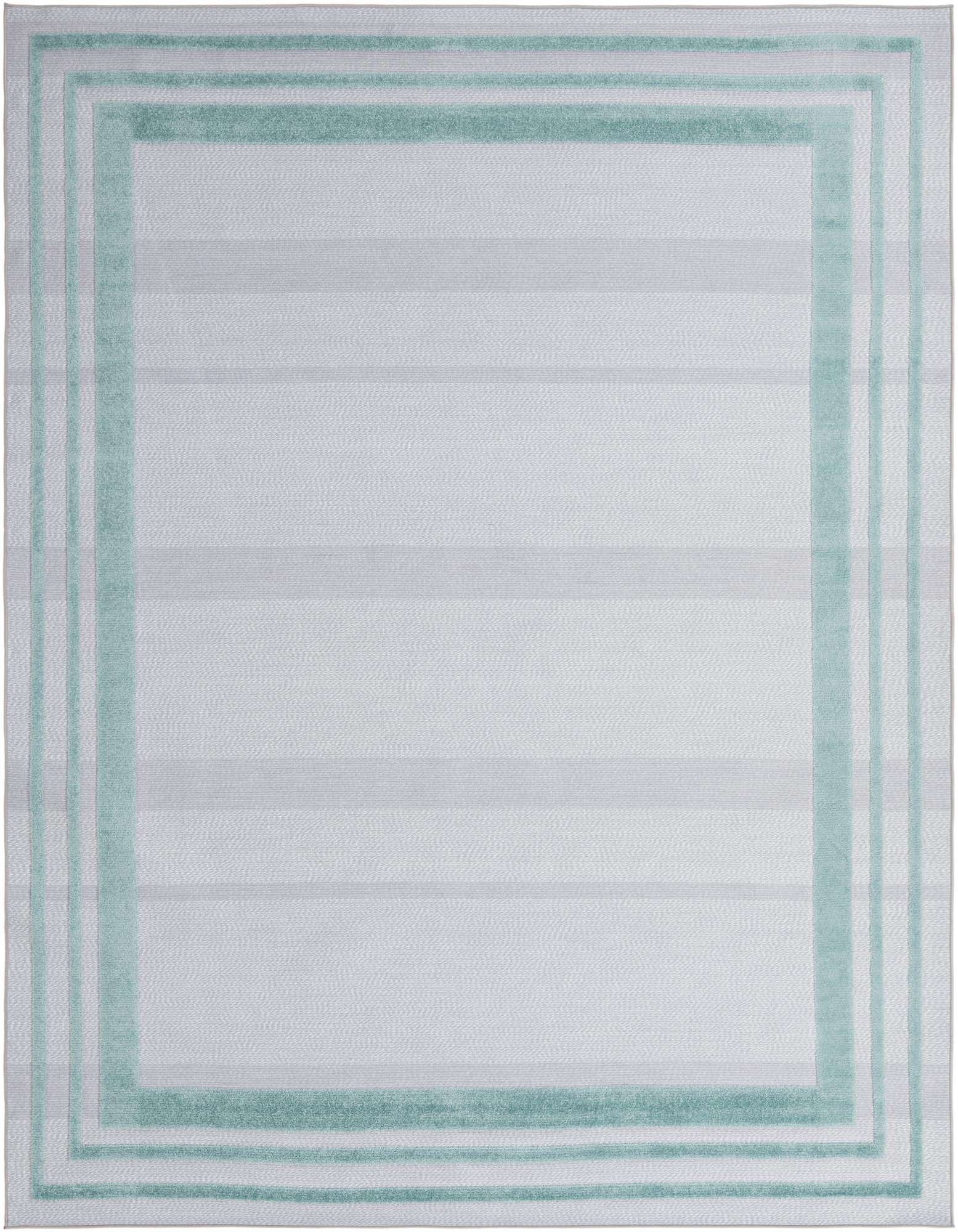A 9x12 rectangular Aruba Outdoor rug featuring a light gray field with subtle horizontal stripes and a bold teal border.