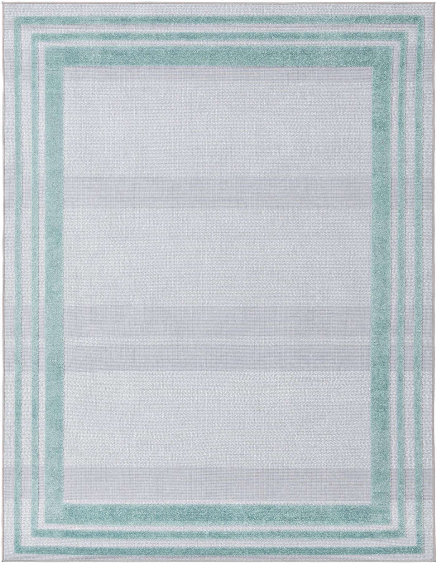 A 6x9 rectangular blue and gray textured rug with a modern solid border design, suitable for indoor or outdoor use.