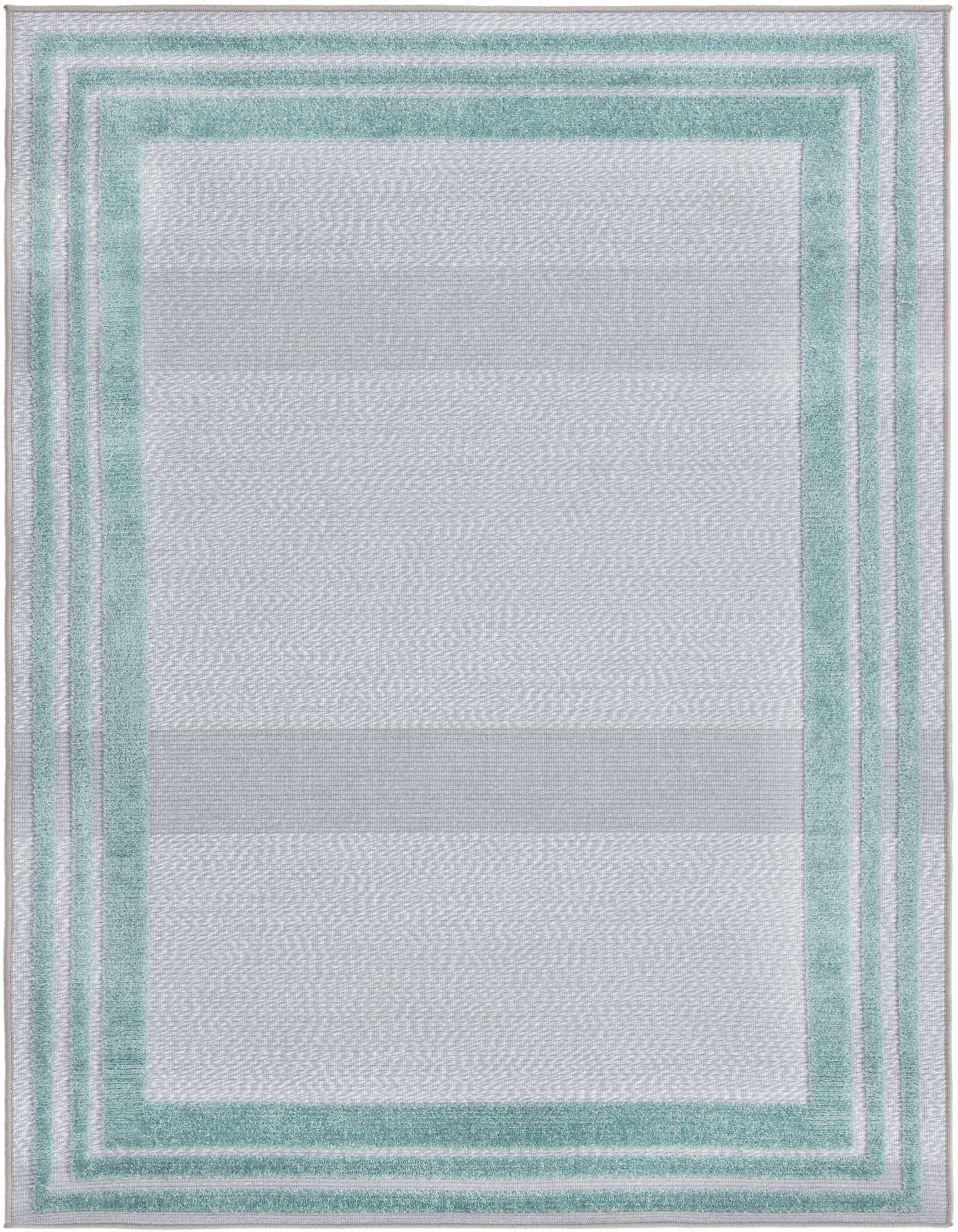 A rectangular 4x6 indoor/outdoor rug featuring a light gray textured center with a wide teal border and thin gray stripes.
