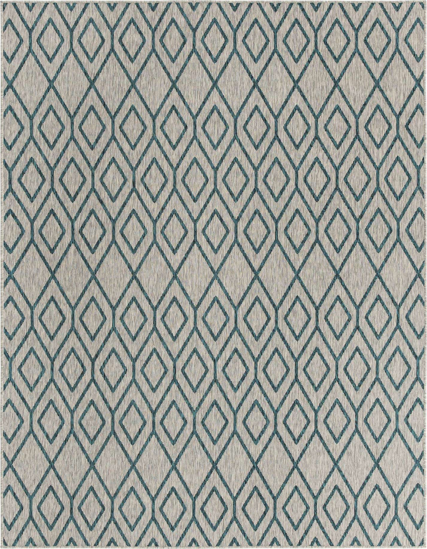 A 7x10 rectangular indoor/outdoor rug featuring a repeating teal blue geometric trellis pattern on a textured gray background.