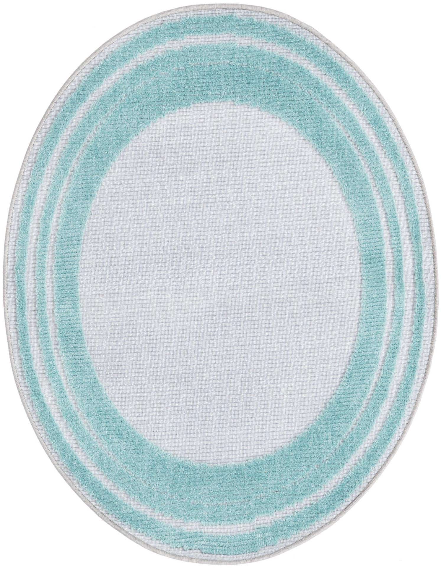 A 3' 3 round blue and white outdoor rug with concentric blue stripes on a white background, suitable for a patio.