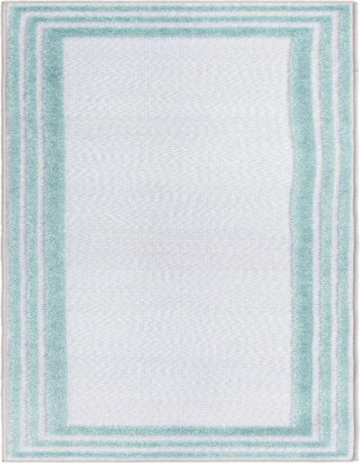 A 6 ft runner rug with a white center and a triple border in varying shades of blue and gray, ideal for a hallway or patio.