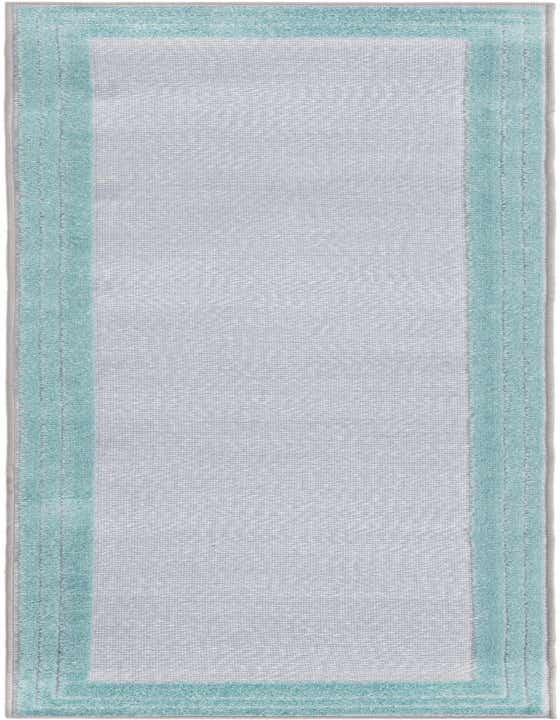 A long 8 ft runner rug featuring a light gray textured center bordered by a vibrant blue-green band, perfect for a hallway or patio.