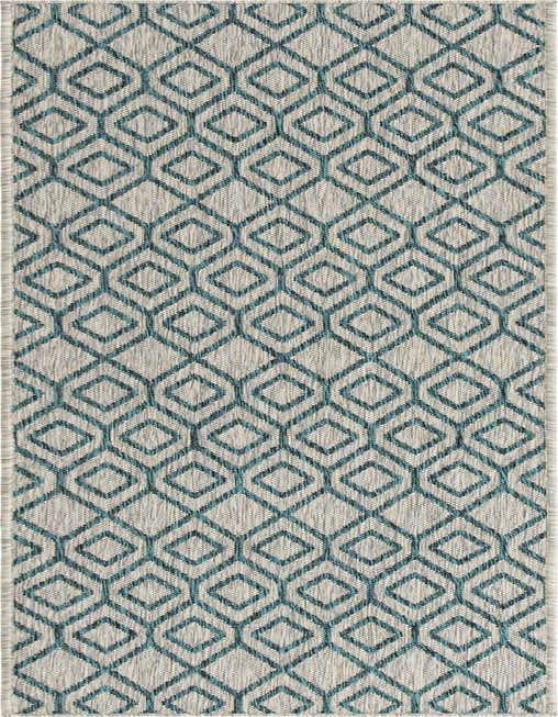 A Jill Zarin Outdoor 8 Ft Runner rug featuring a blue and gray geometric trellis pattern, suitable for a hallway or patio.