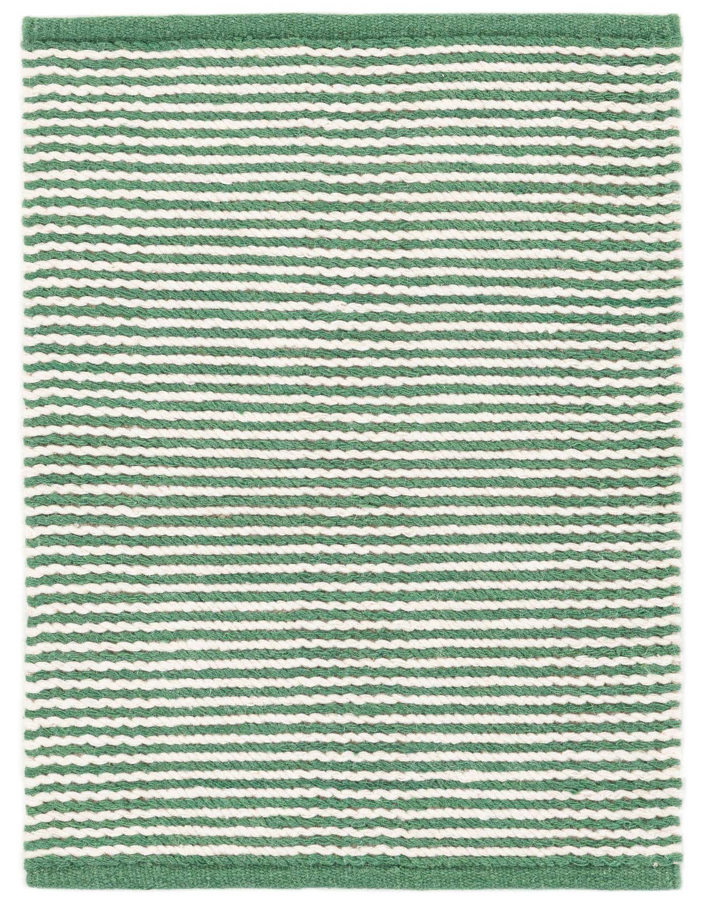 A 2x3 rectangular modern rug with alternating horizontal stripes of cream and green, handmade from wool and cotton.