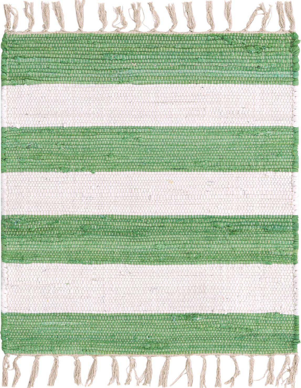 A 2x3 rectangular Chindi Rag rug with alternating stripes of green and ivory, featuring fringed ends.