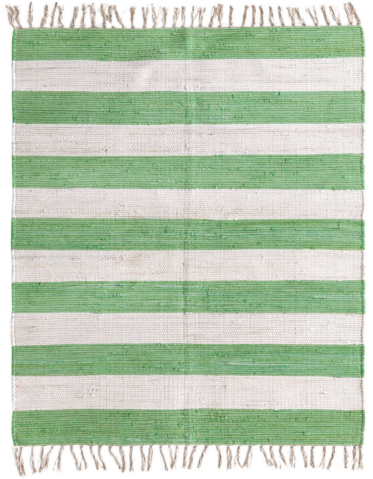 A 4x6 rectangular Chindi Rag rug with wide horizontal stripes in green and ivory, featuring fringed ends.