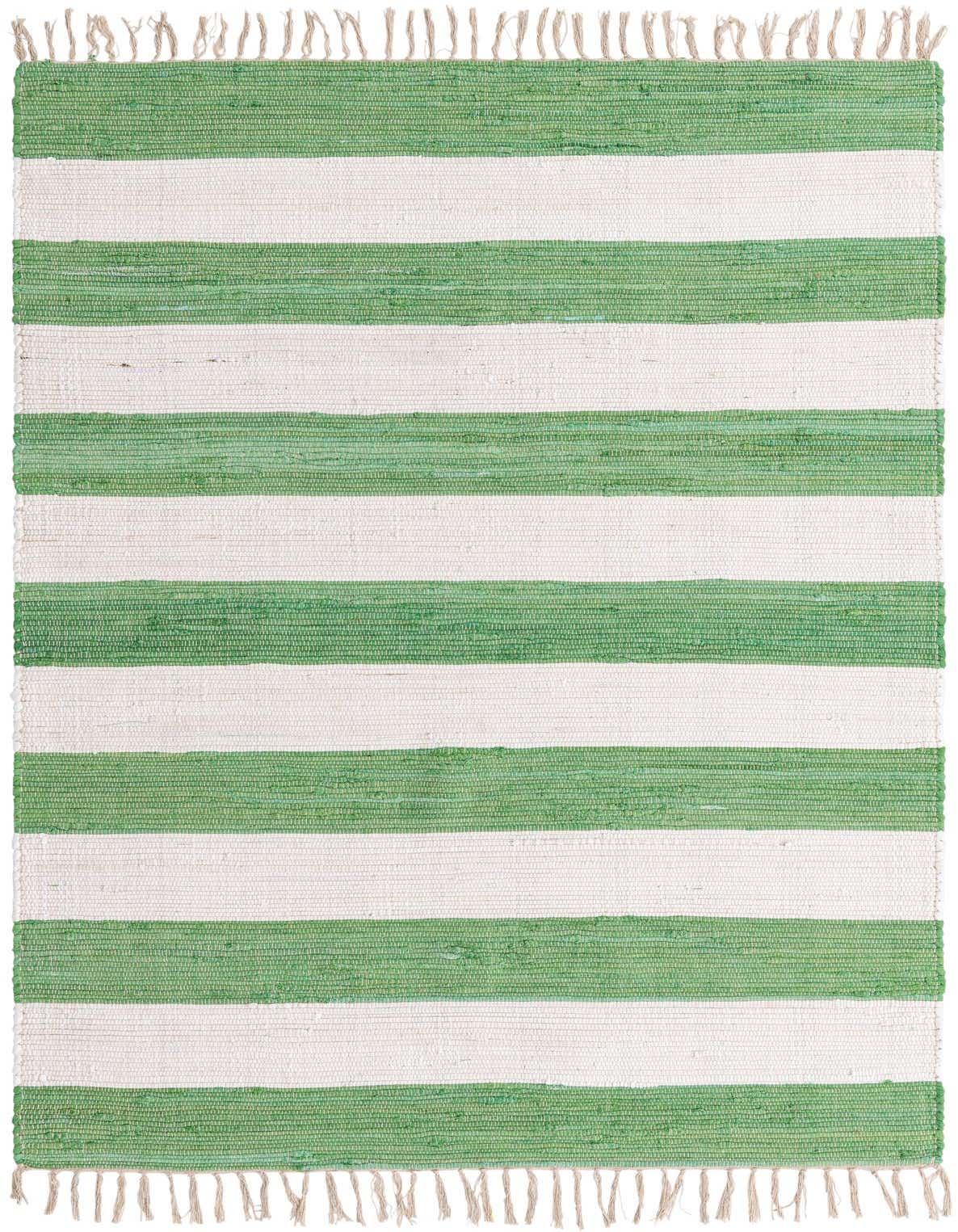 A 5x8 rectangular Chindi Rag rug with wide horizontal stripes in varying shades of green and cream, featuring a flatweave texture and fringed ends.