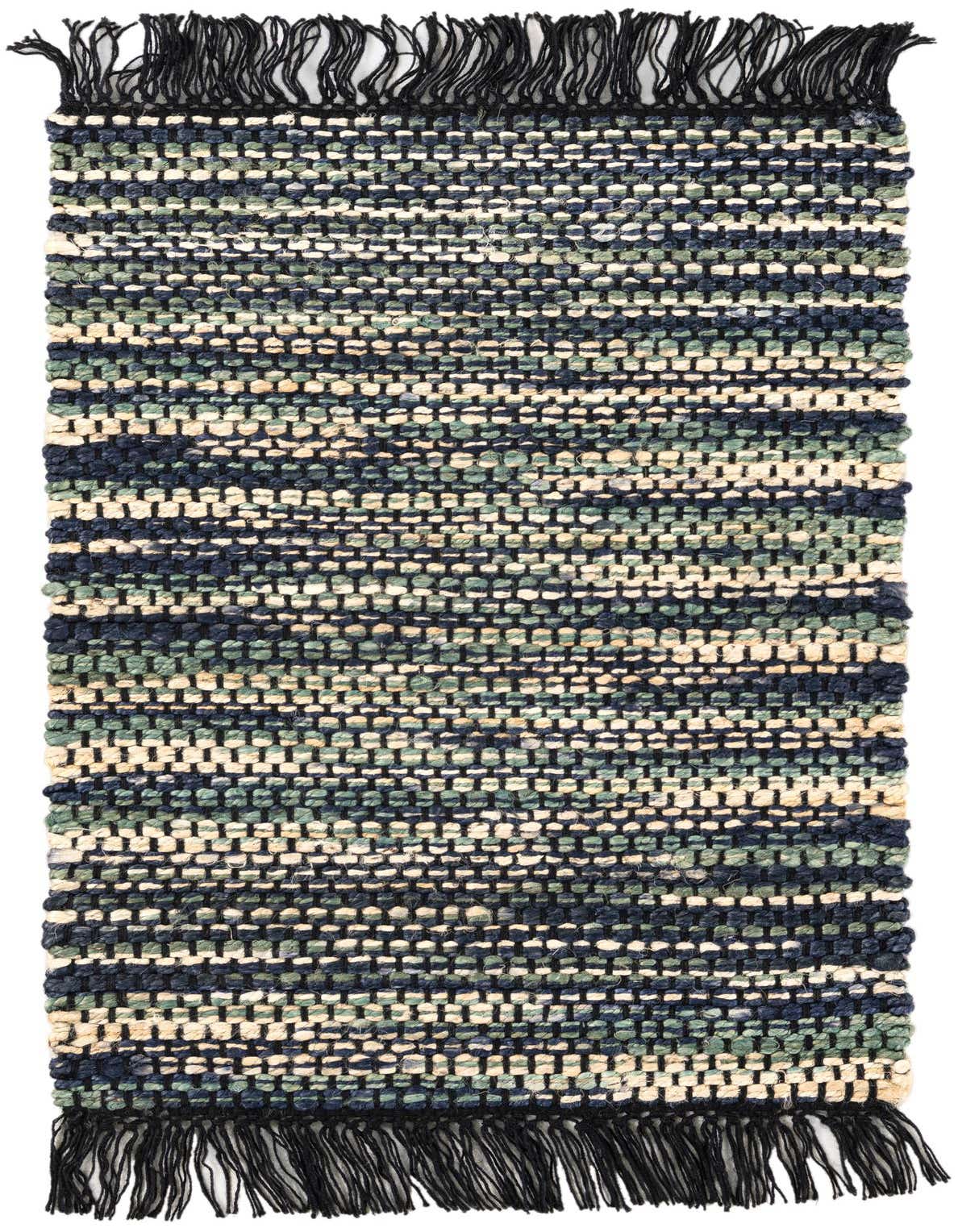 A 2x3 rectangular Chunky Jute rug featuring a modern striped pattern in ivory, cream, green, and white with black fringe.