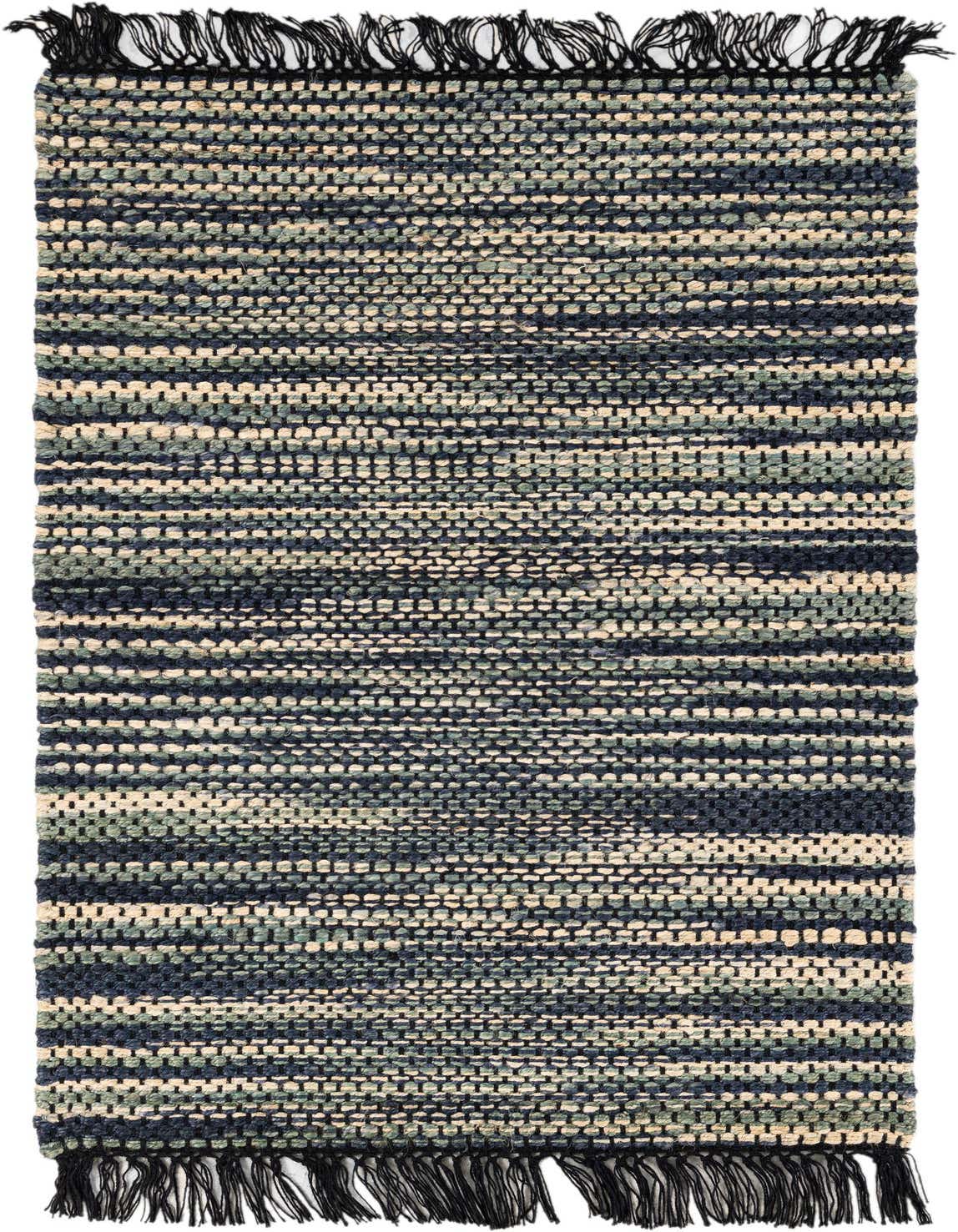 A 3x5 rectangular Chunky Jute rug featuring a modern abstract pattern with stripes of ivory, cream, green, and dark blue, finished with black fringe.