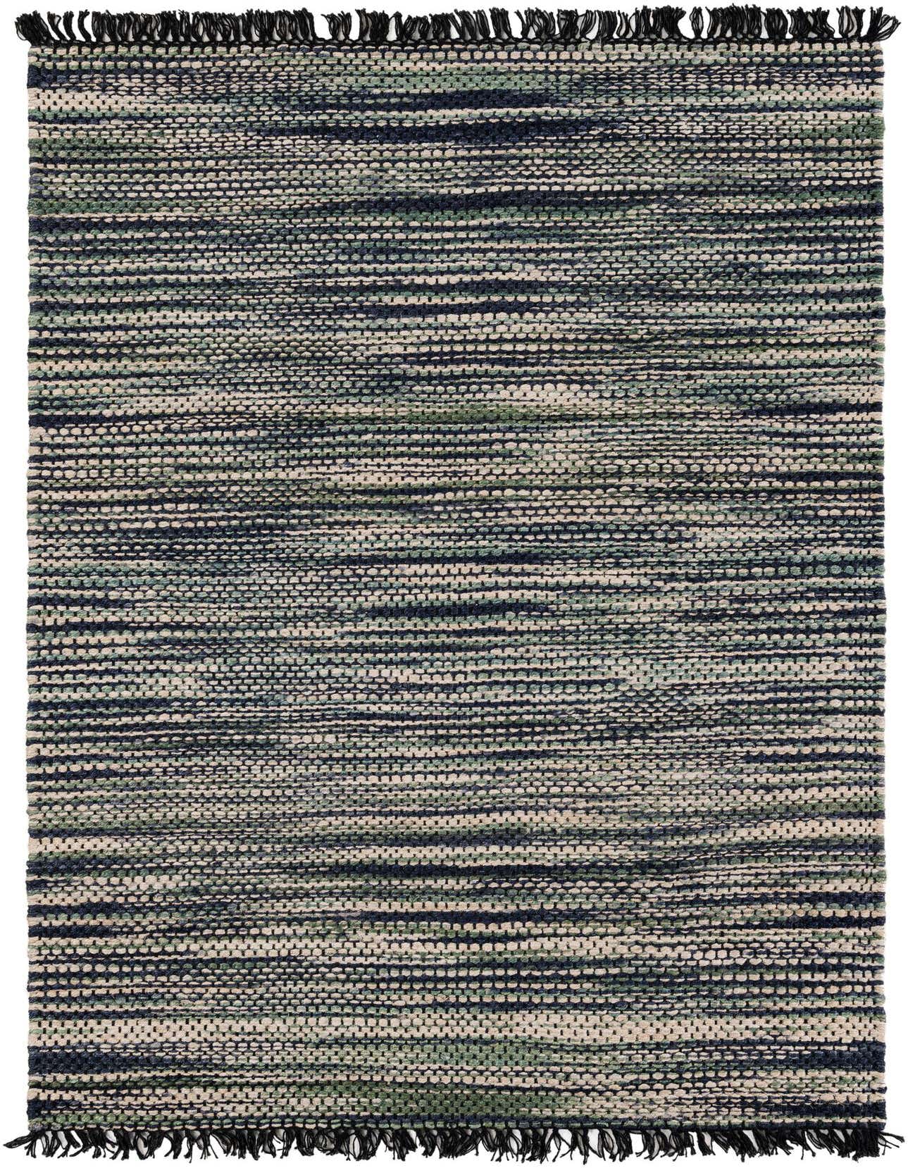 A 5x8 rectangular Chunky Jute rug featuring a textured flatweave in ivories, creams, greens, and whites, with dark fringed ends.