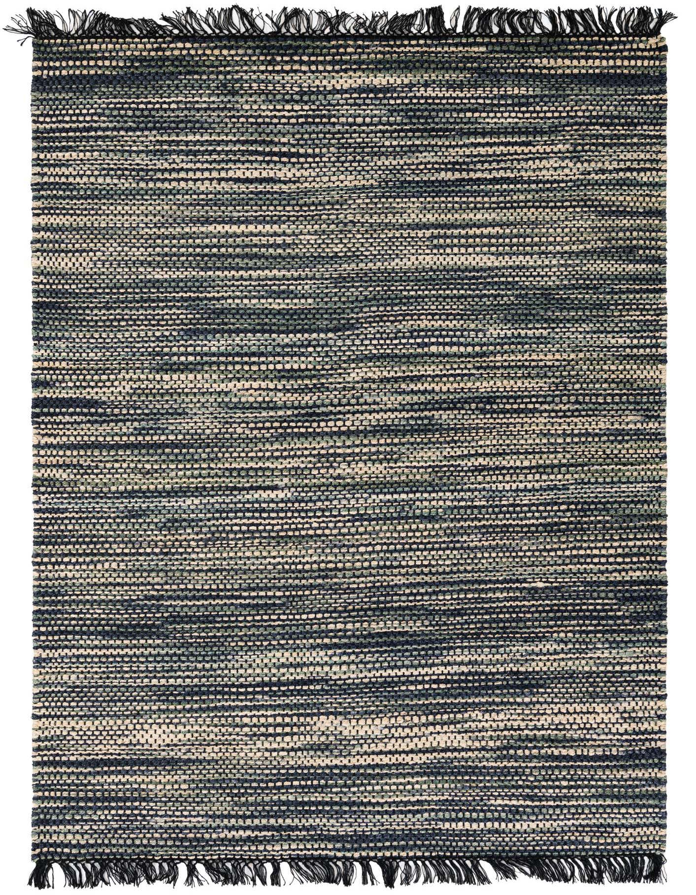 A 6x9 rectangular Chunky Jute rug featuring a modern abstract pattern in ivories, creams, greens, and whites, with visible texture and fringed ends.