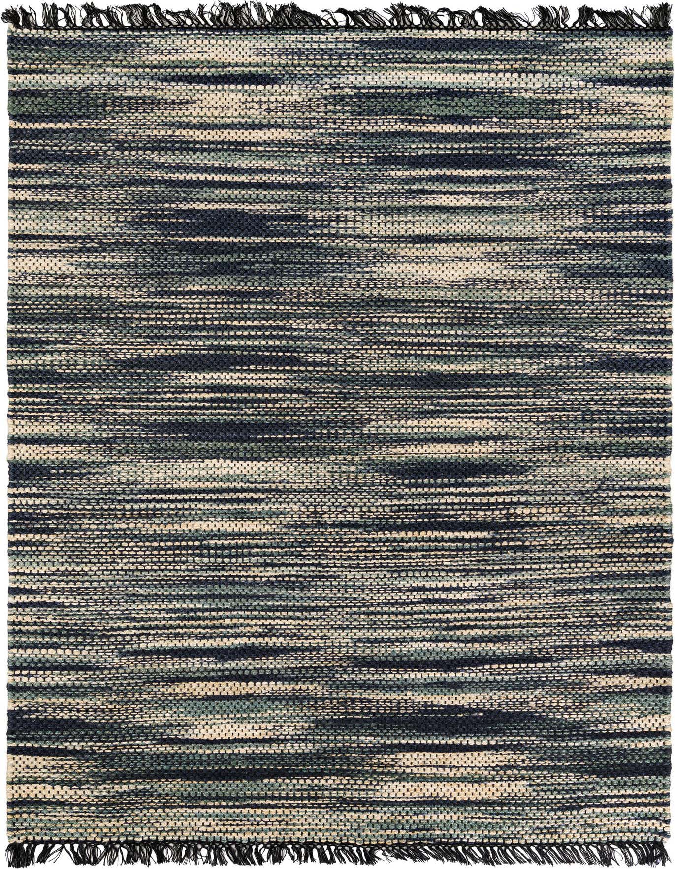 A 7x10 rectangular Chunky Jute rug featuring a modern abstract pattern with textured stripes in ivories, creams, greens, and whites, suitable for a living room.