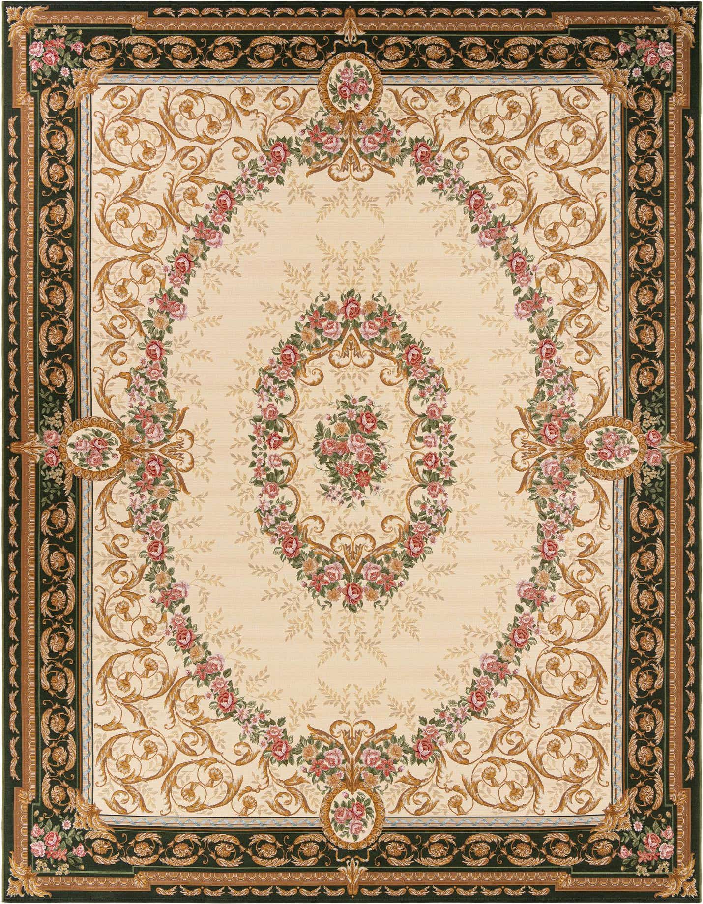 A 10x14 rectangular ivory and green traditional rug with a central floral medallion and ornate border.