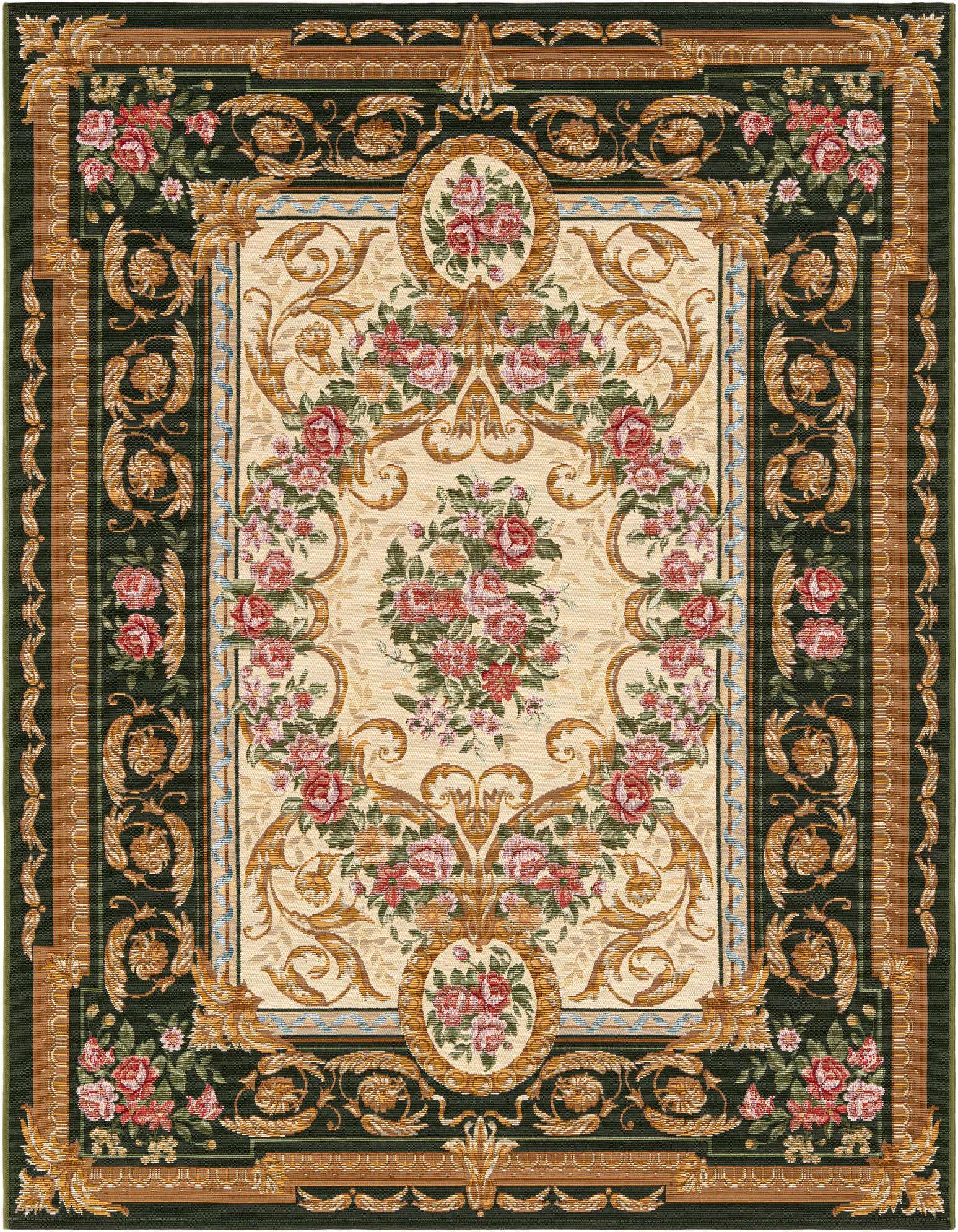 A 5x7 rectangular ivory and green traditional rug with a central floral medallion and ornate border, ideal for a patio.