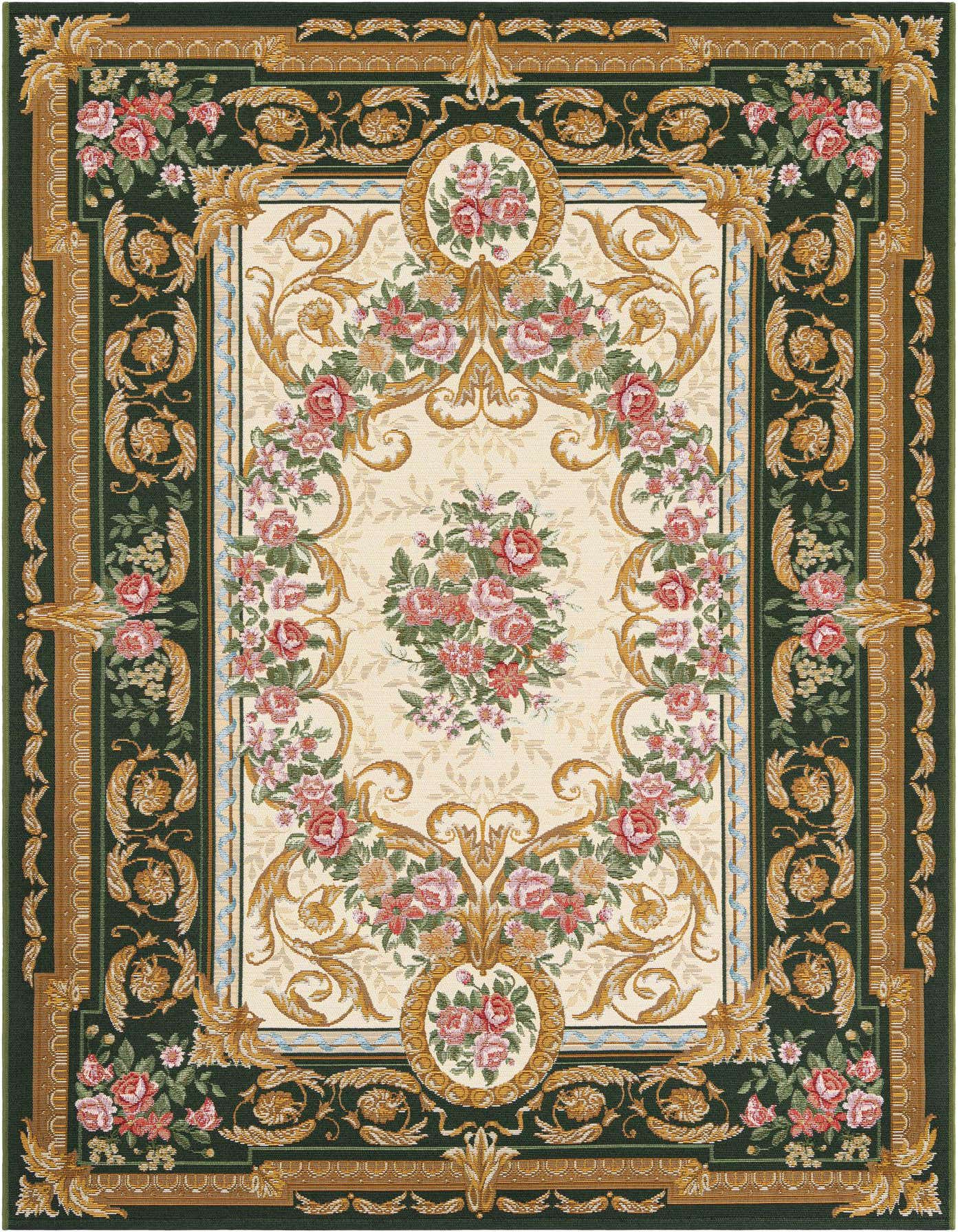 A 5x8 rectangular ivory and green traditional rug with a central floral medallion and ornate border.