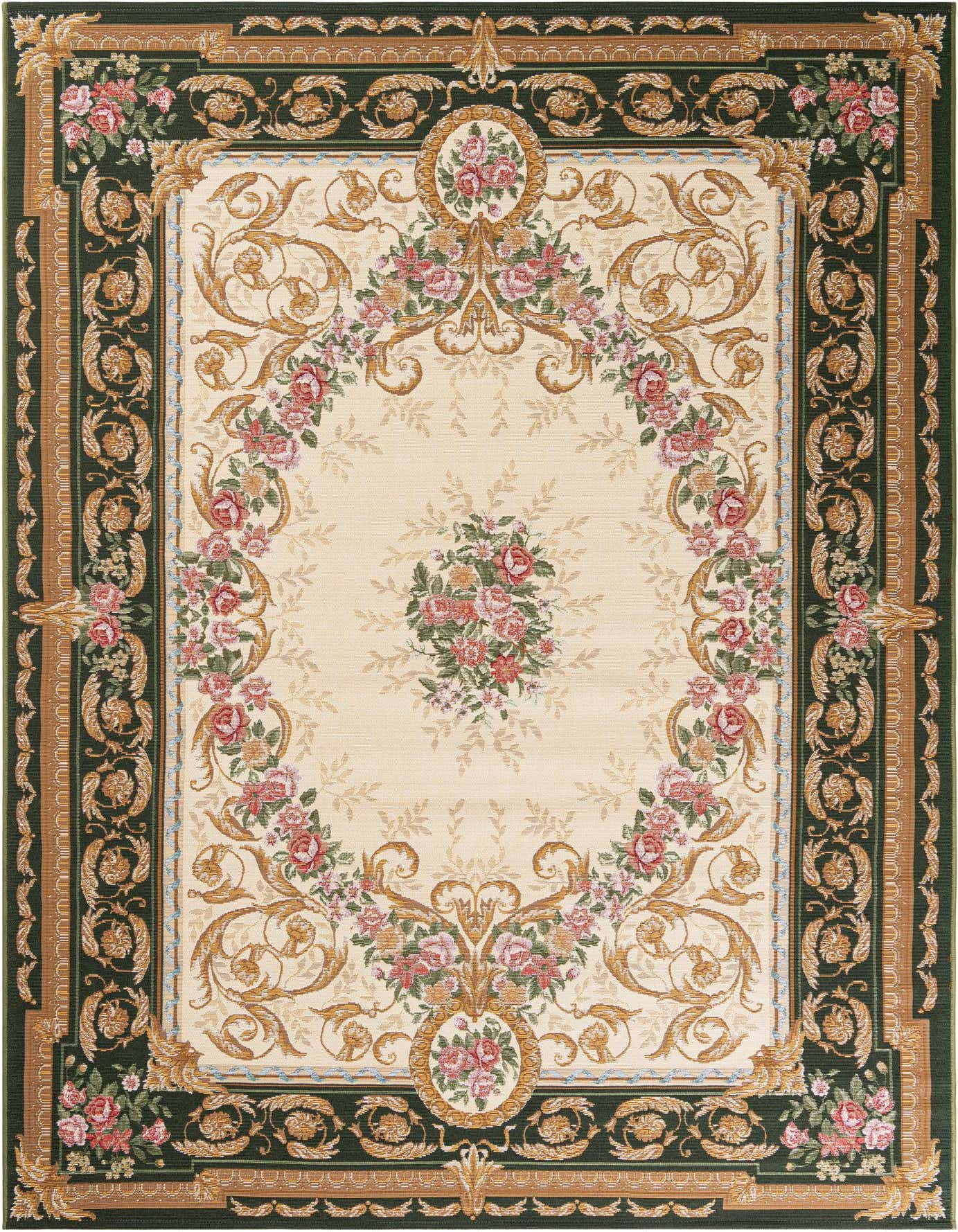 A 6x9 rectangular ivory and green Oriental rug with a traditional floral medallion pattern, ideal for a living room or patio.