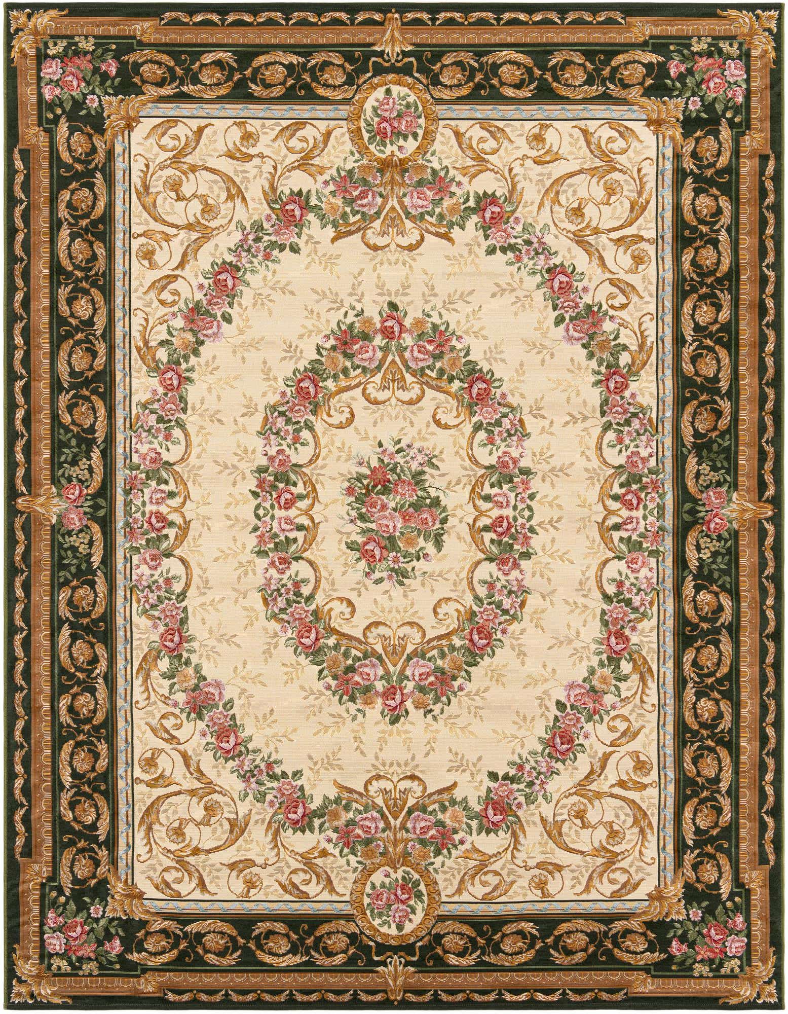 An 8x10 rectangular ivory and green rug with a traditional floral medallion pattern, suitable for indoor or outdoor use.