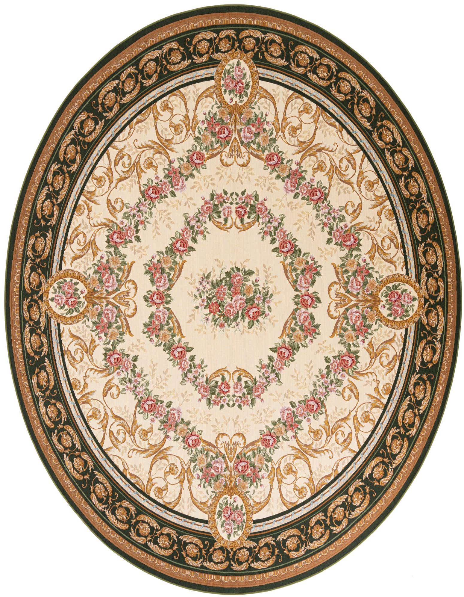 A 10' round ivory and green Oriental rug with a central floral medallion and ornate border, suitable for a patio.