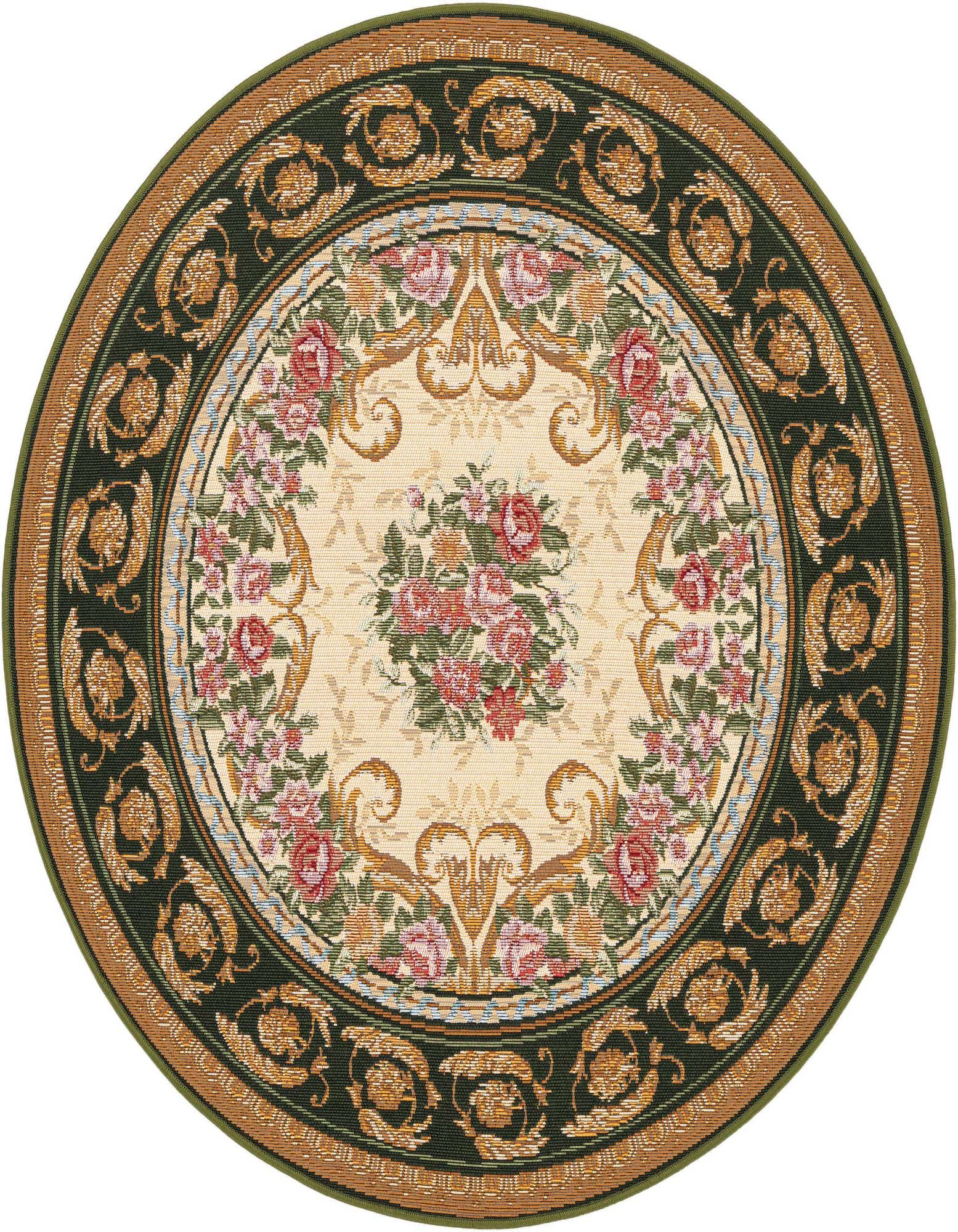A round 4' ivory and green rug with a traditional floral pattern, ideal for indoor or outdoor spaces.