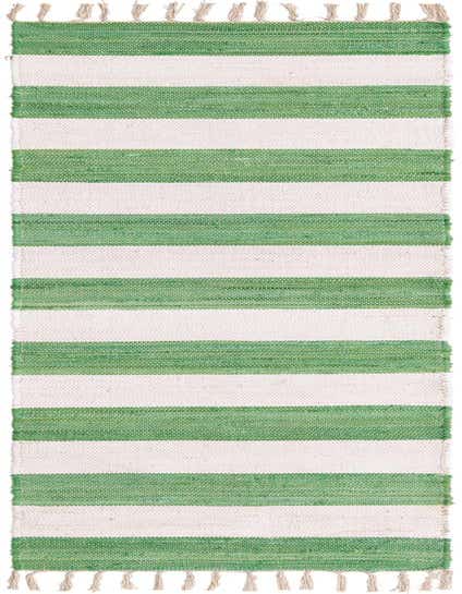 A 10 ft runner rug featuring wide horizontal stripes in varying shades of green and cream, with fringed ends, ideal for a hallway.
