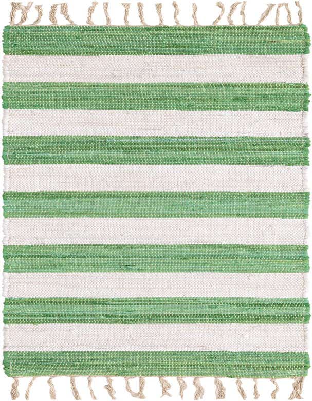 A 6 ft runner rug with alternating horizontal stripes of cream and various shades of green, featuring fringed ends.