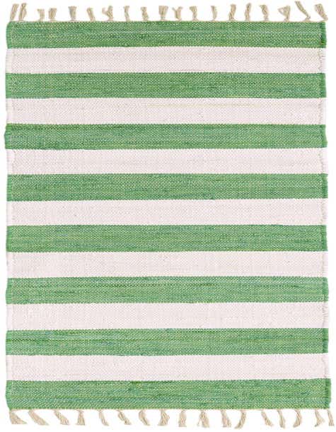 An 8 ft runner rug with alternating horizontal stripes of ivory and green, featuring a flatweave texture and fringed ends.