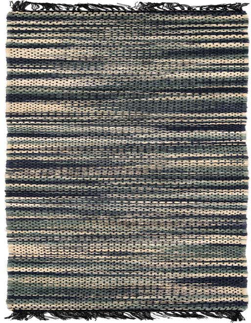 A 10 ft runner rug with a textured, flatweave pattern in shades of ivory, cream, and green, featuring black fringe.