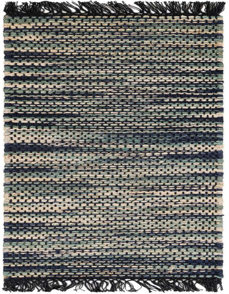 A 5 ft Chunky Jute runner rug in variegated ivory, cream, and green, with a textured flatweave pattern and black fringed ends.