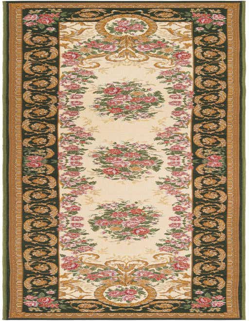 An 8 ft runner rug featuring a traditional floral pattern with ivory and cream background, green borders, and red and pink roses, ideal for a hallway or patio.