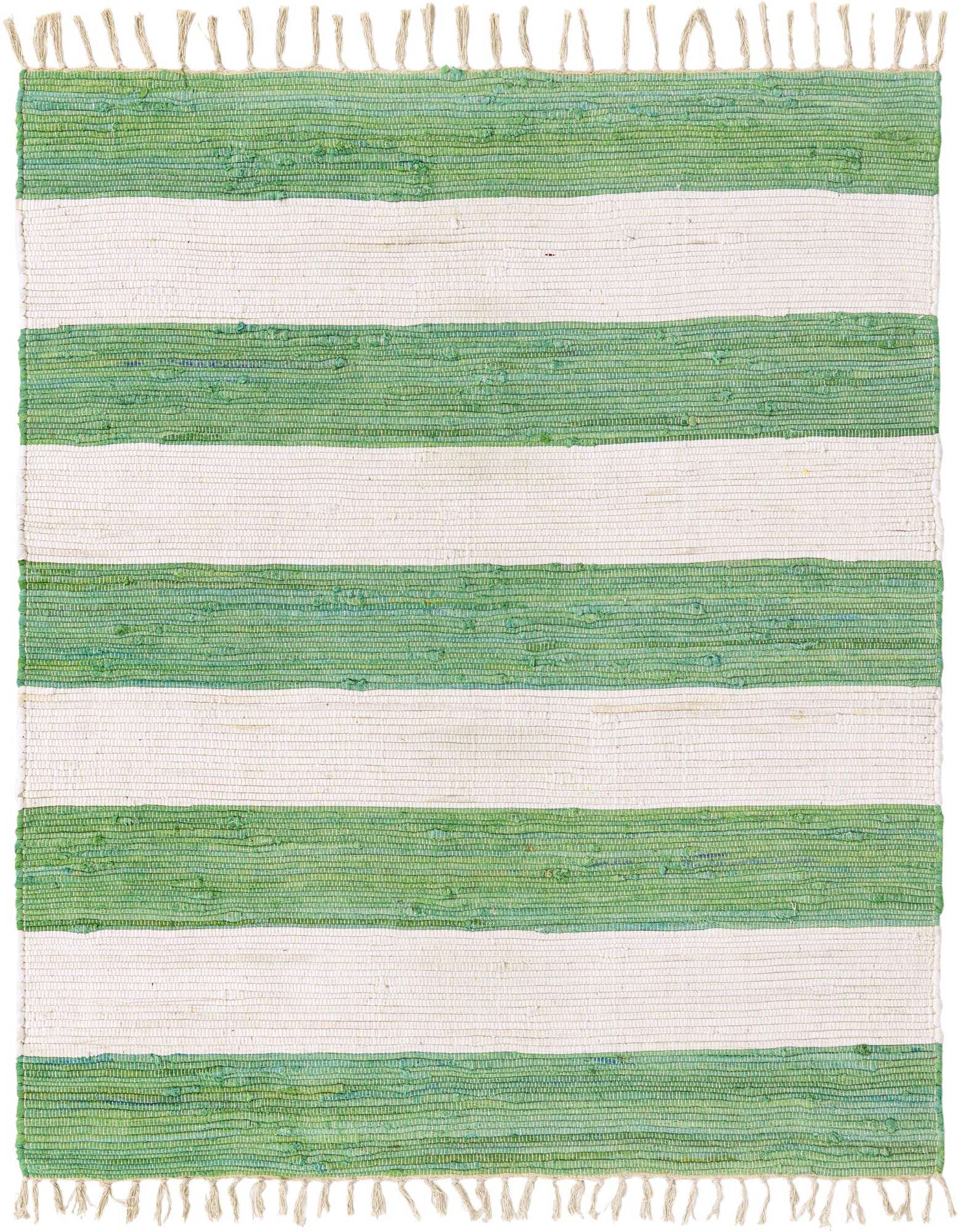 A 5' 1 x 5' 1 square Chindi Rag rug featuring wide horizontal stripes of cream and varying shades of green, with fringed ends.