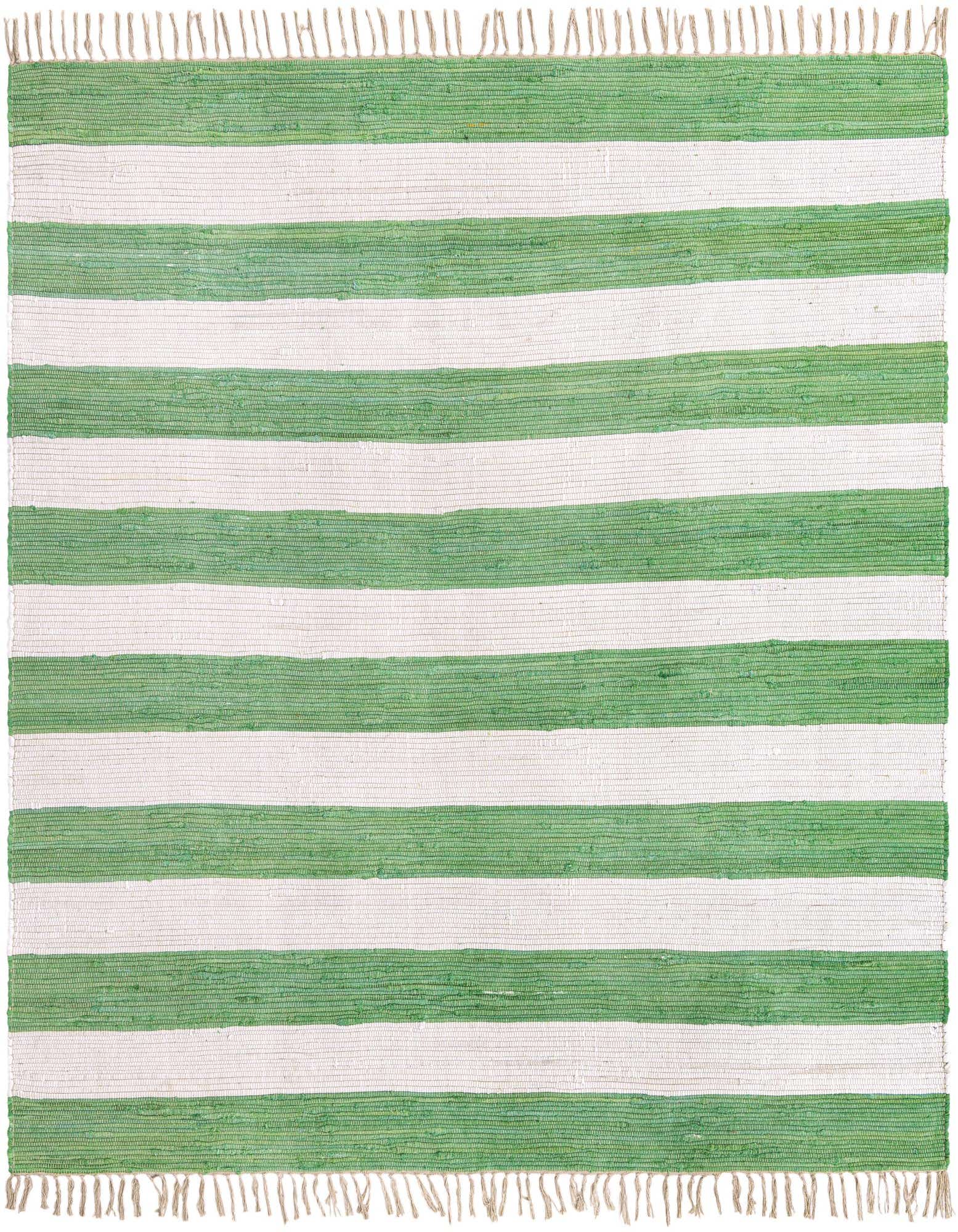 A square Chindi Rag rug, 7' 10 x 7' 10, featuring wide horizontal stripes in green and cream, with fringed edges.