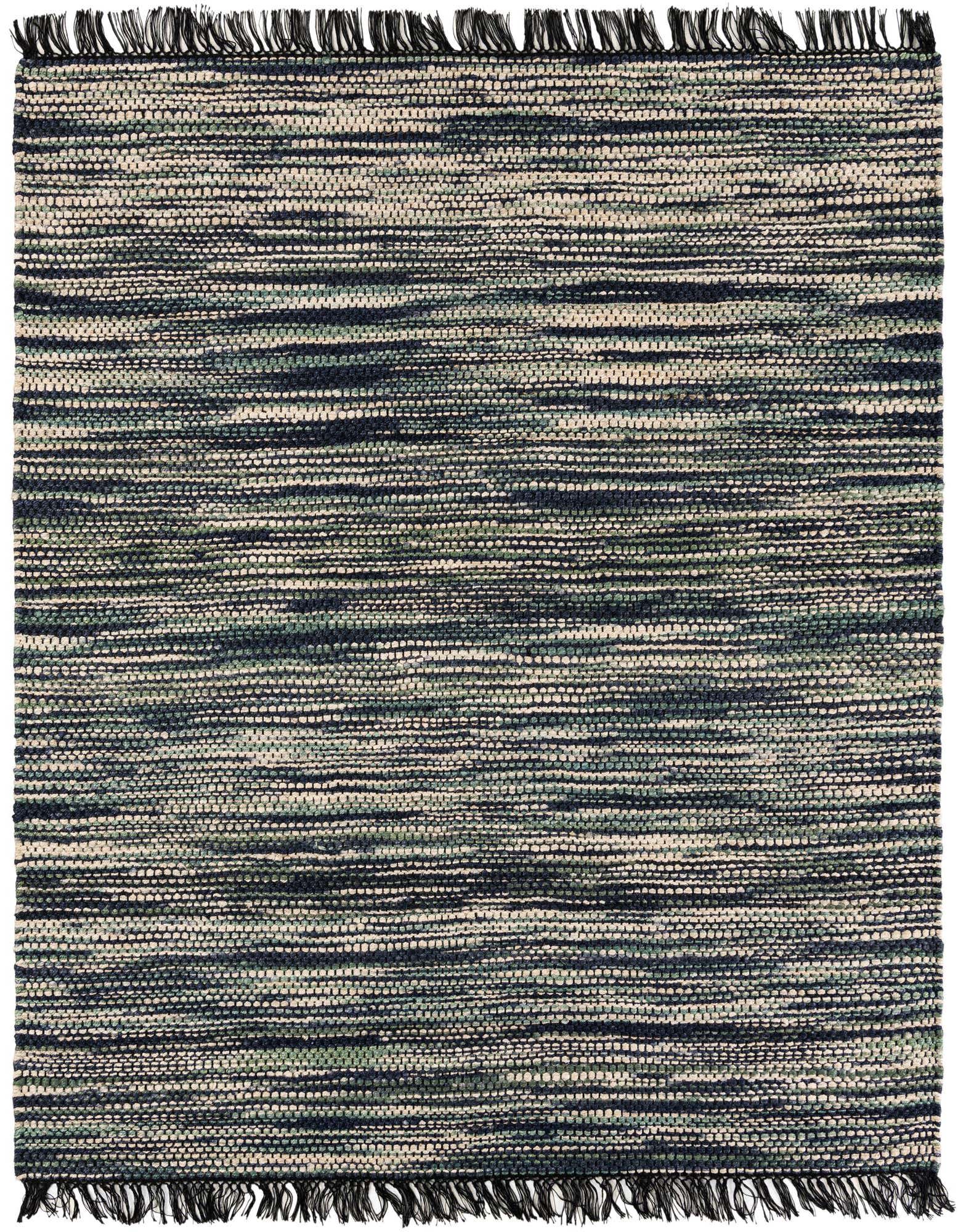A square 7' 10 x 7' 10 Chunky Jute rug featuring a textured flatweave in varied shades of ivory, cream, and green, with dark fringe.