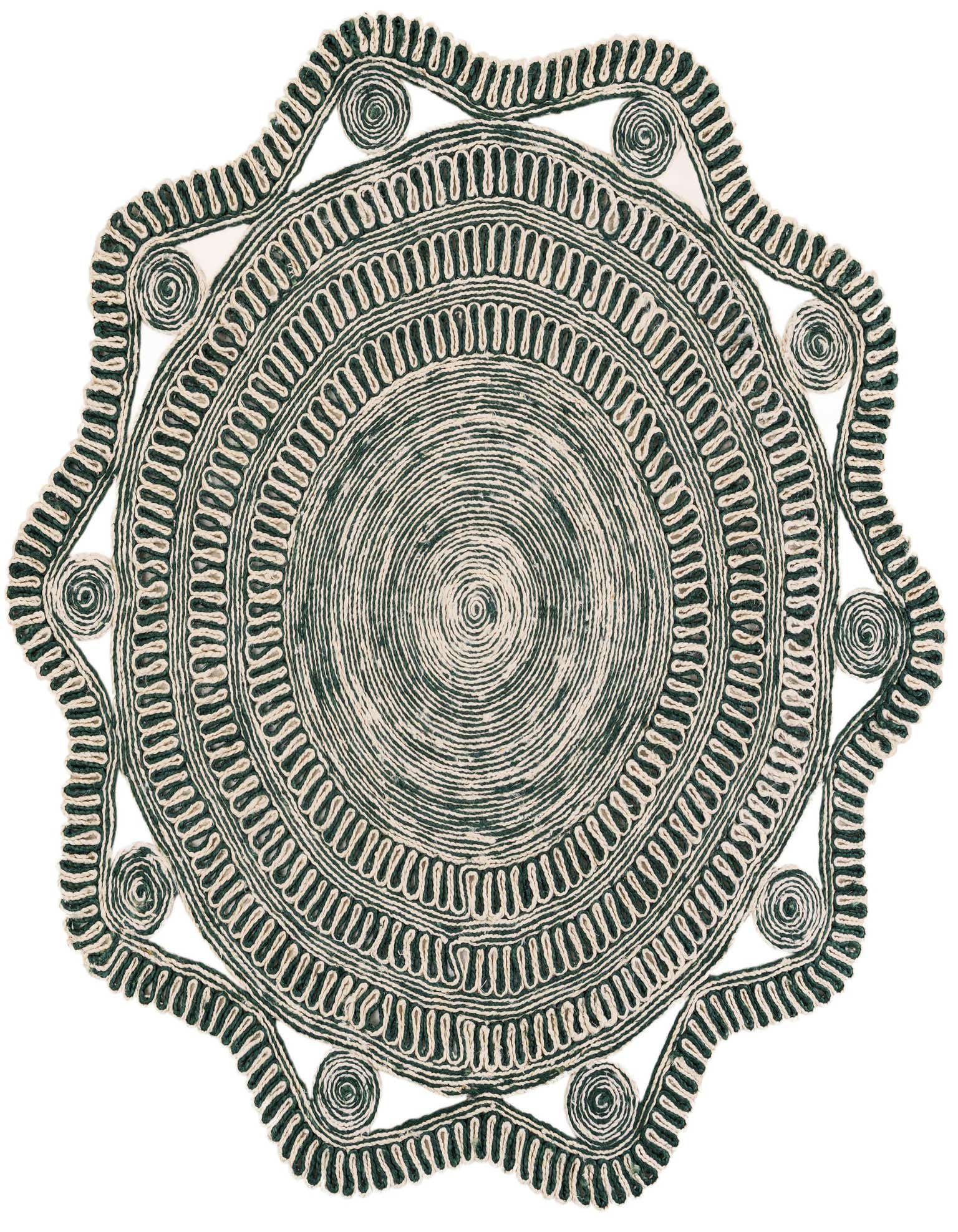A 6' 1 x 6' 1 round green and white jute rug with a modern striped and spiral pattern, featuring a scalloped edge.