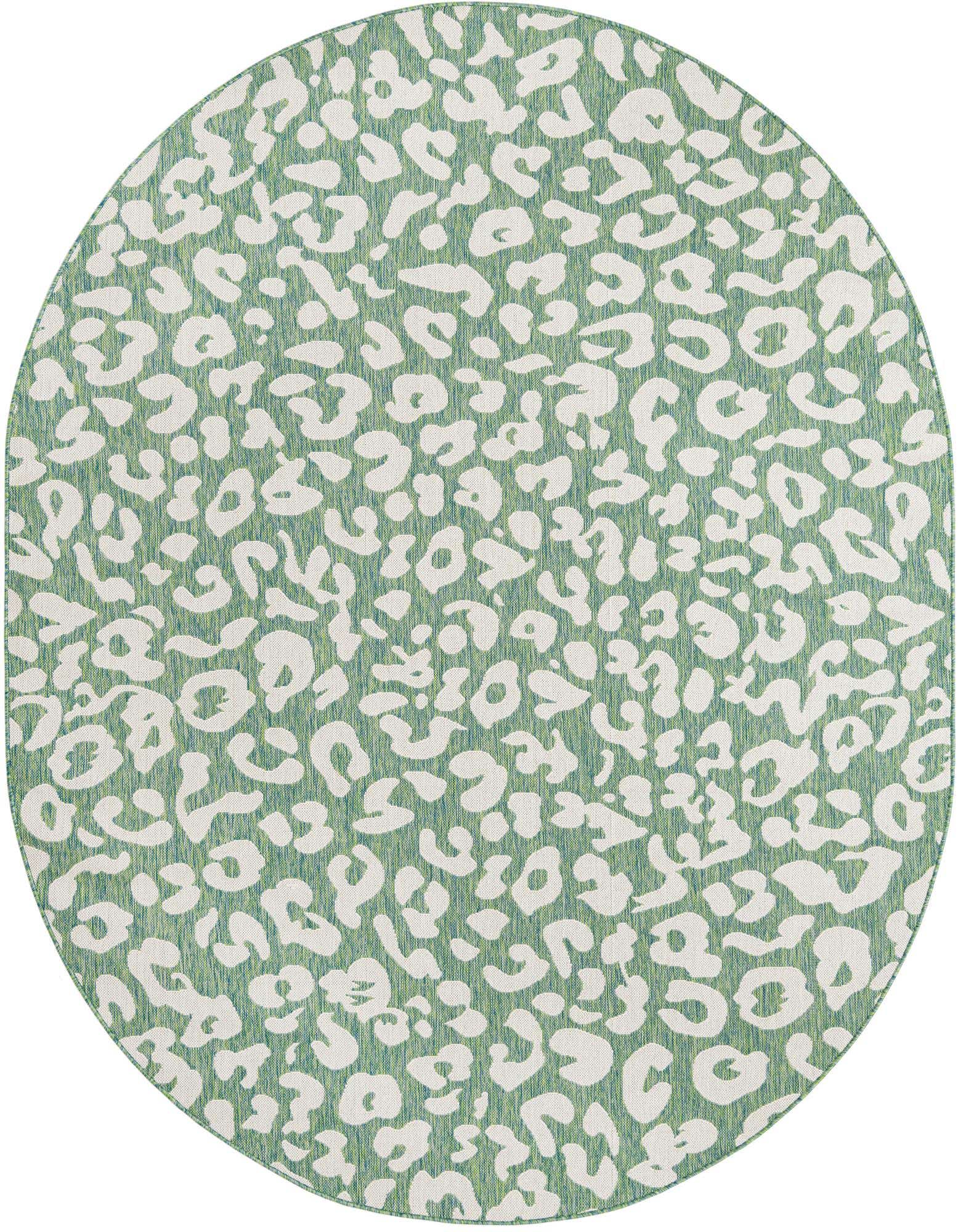 An oval 7' 10 x 10' 0 blue and green modern leopard print rug, suitable for indoor or outdoor use.