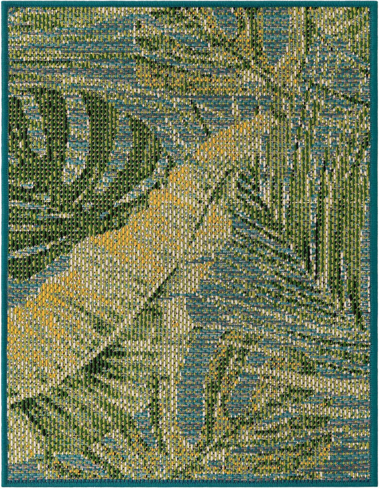 A 2x3 rectangular Rugs.com Outdoor Botanical rug with a modern floral pattern in blues, greens, and hints of yellow, suitable for indoor or outdoor use.