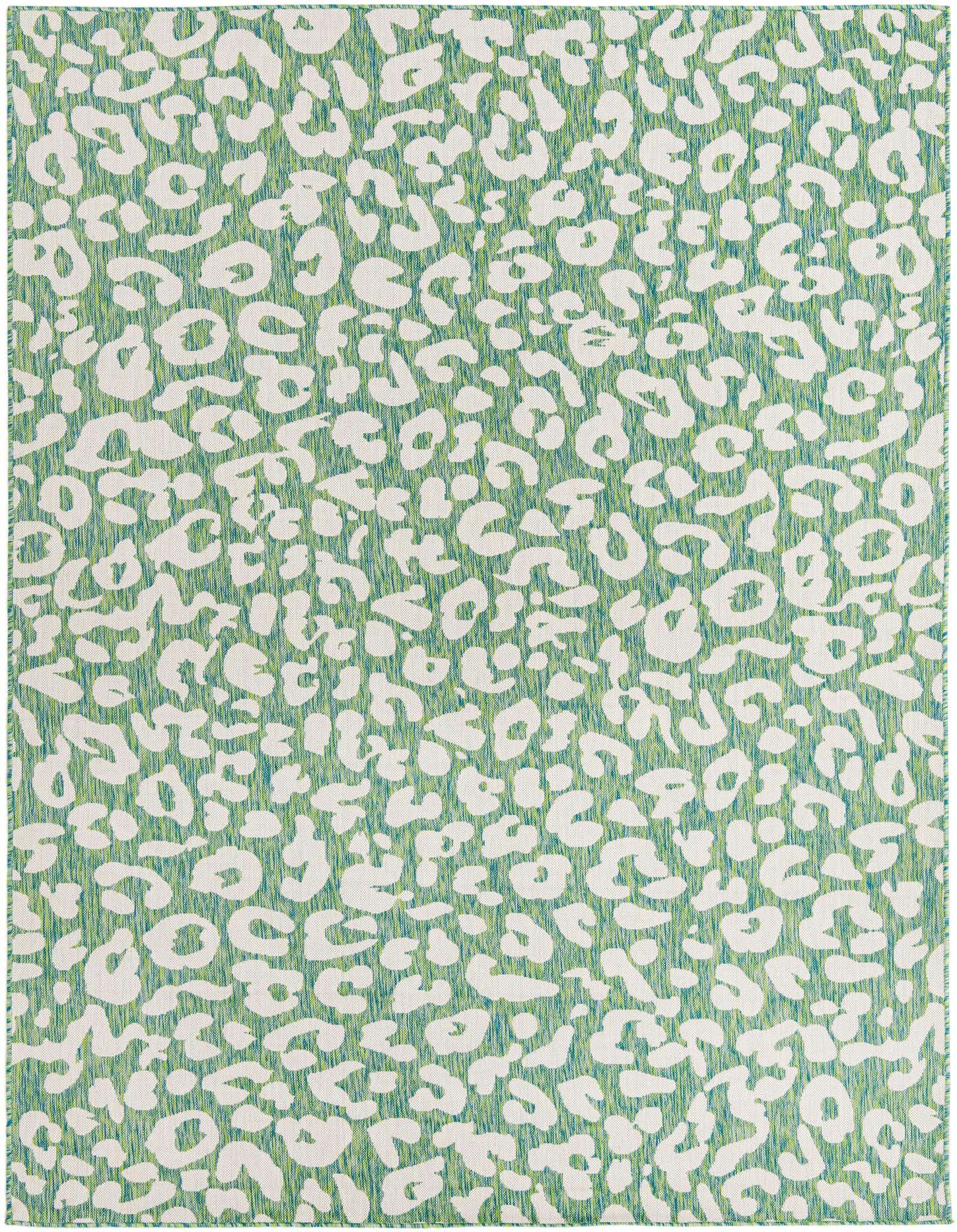A rectangular 8x11 indoor/outdoor rug featuring a modern leopard print in shades of blue and green.