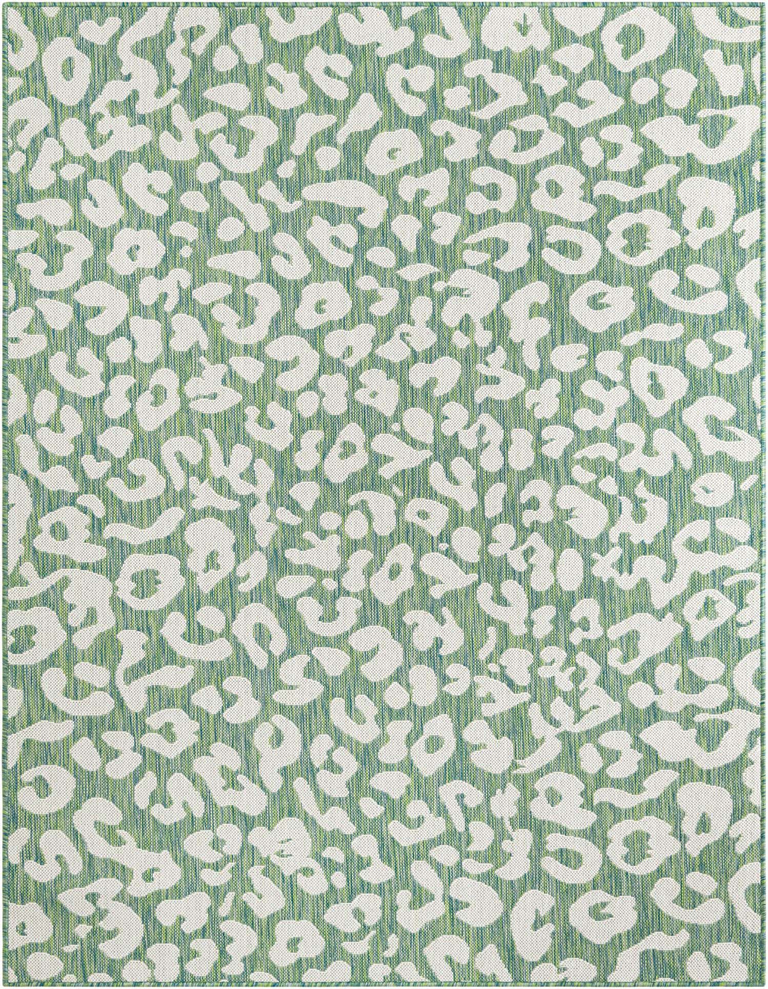 A 5x7 rectangular indoor/outdoor rug featuring a modern blue and green leopard print pattern, ideal for a patio.