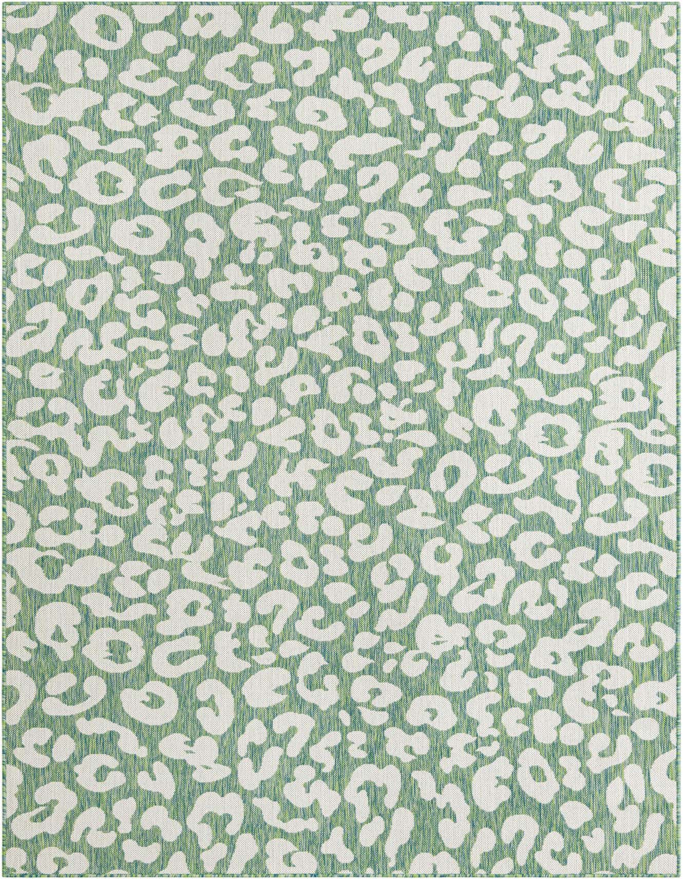 A 6x9 rectangular indoor/outdoor rug featuring a modern blue and green leopard print pattern with a flatweave texture.