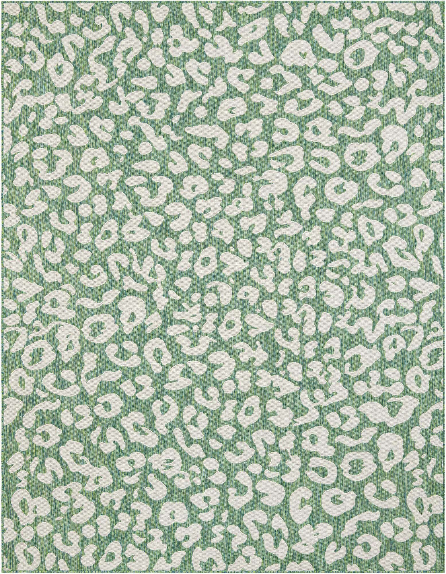 A rectangular 8x10 indoor/outdoor rug featuring a modern blue and green leopard print pattern, suitable for a patio or living room.