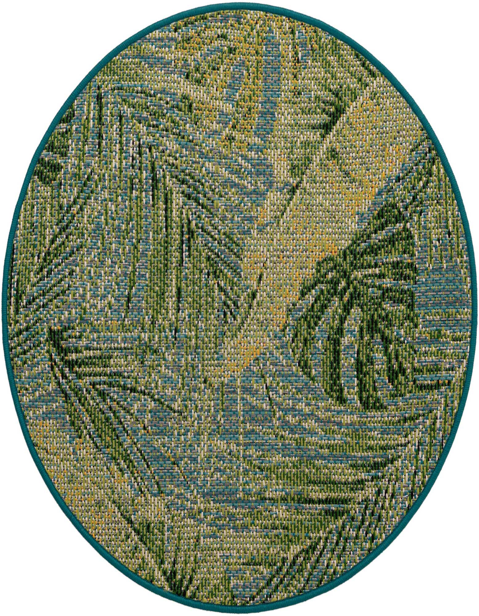 A 3' round blue and green outdoor rug with a modern floral palm leaf pattern and a flat weave.
