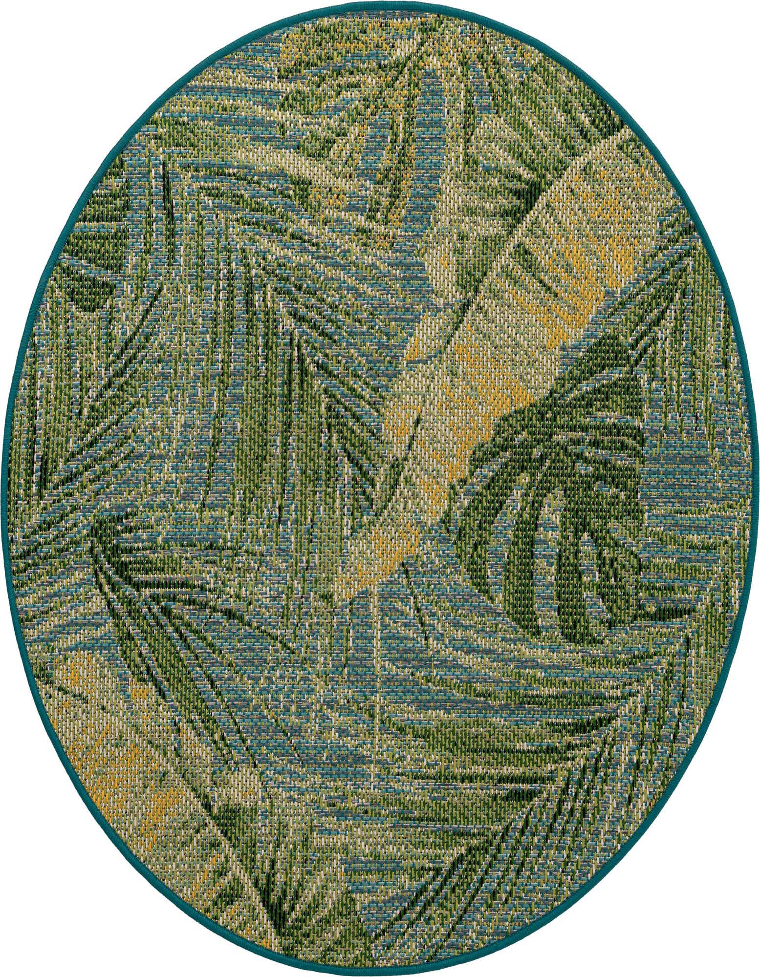 A round, flatweave rug featuring a modern botanical pattern with large palm leaves in shades of blue, green, and hints of yellow, perfect for a patio.