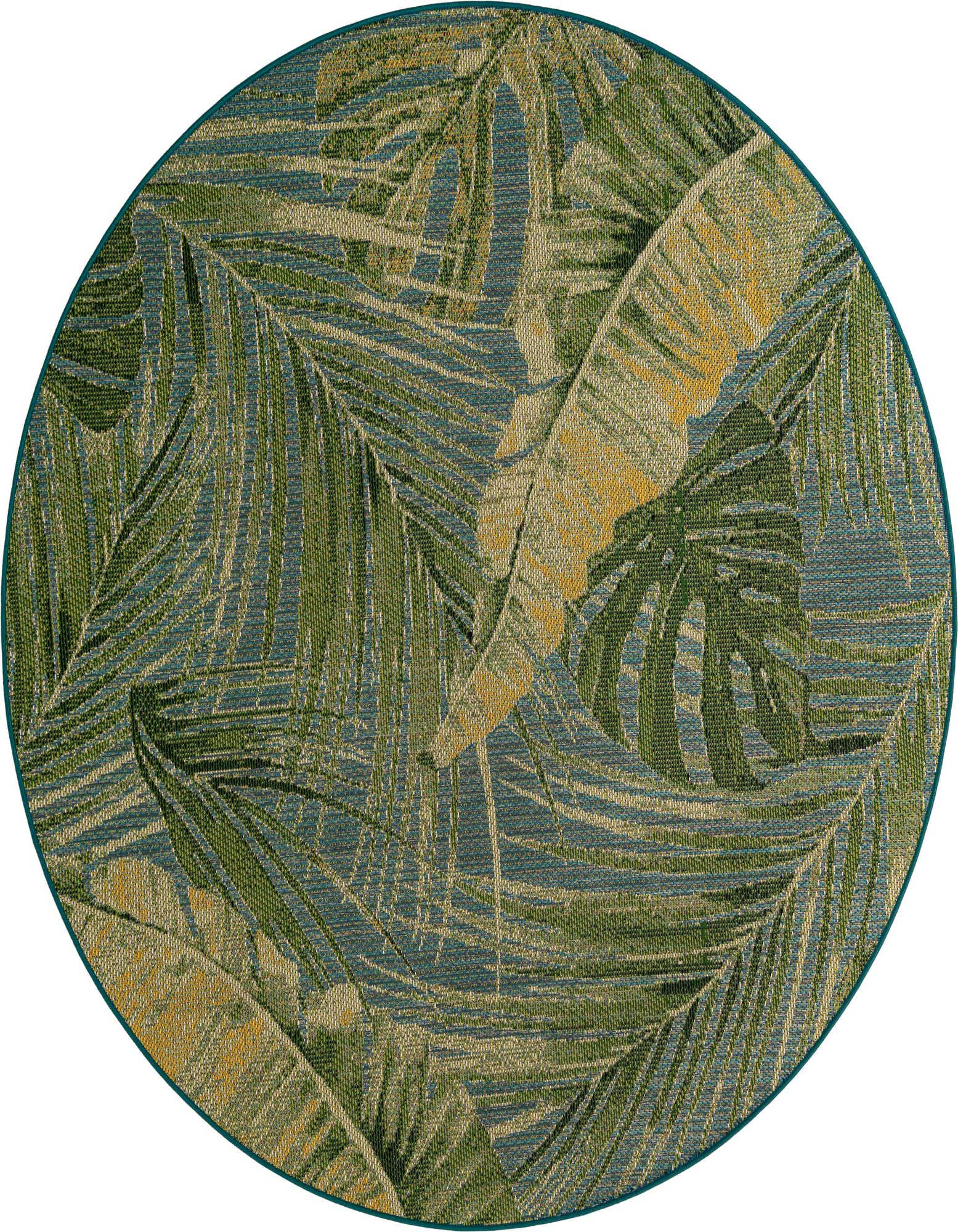 A round 7' 10 x 7' 10 indoor/outdoor rug featuring a modern floral pattern with green and blue palm and monstera leaves.