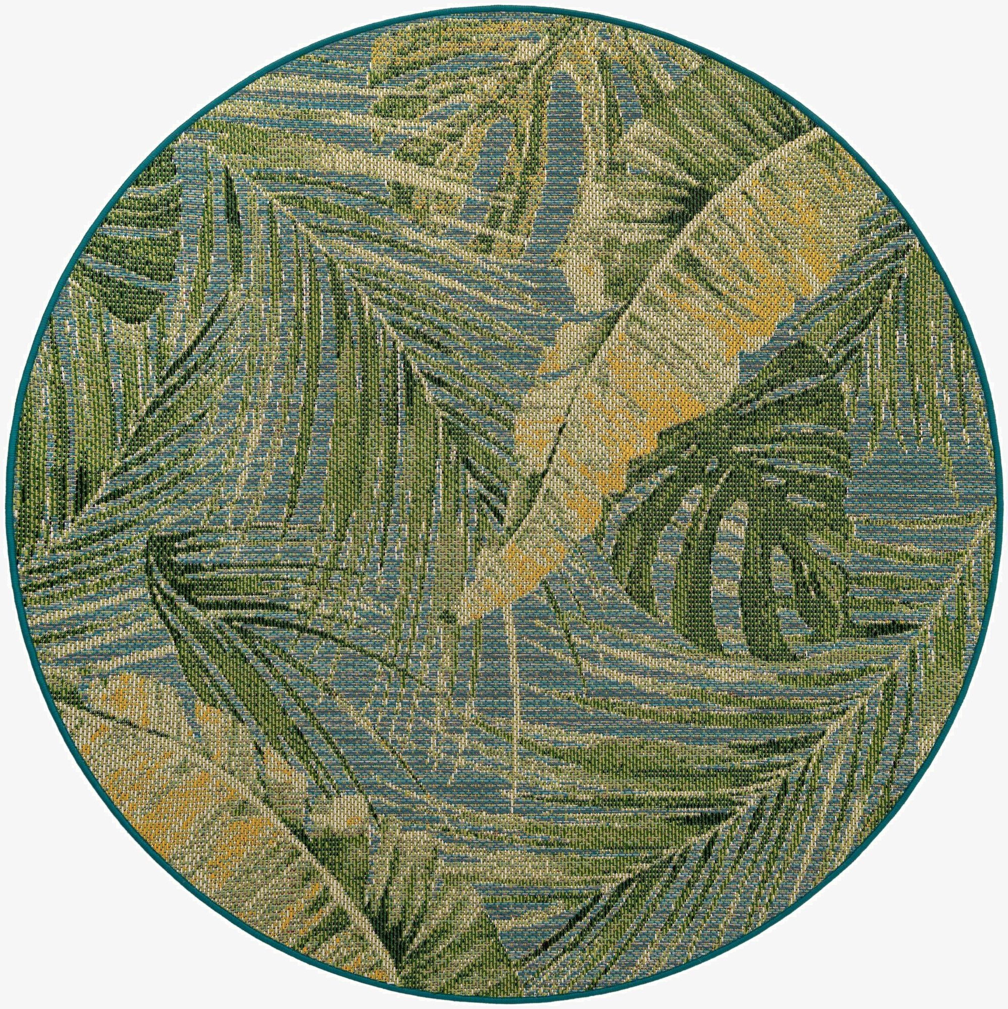 A round 6' 0 x 6' 0 Rugs.com Outdoor Botanical rug featuring a modern blue and green floral pattern with palm and banana leaves, suitable for indoor or outdoor use.