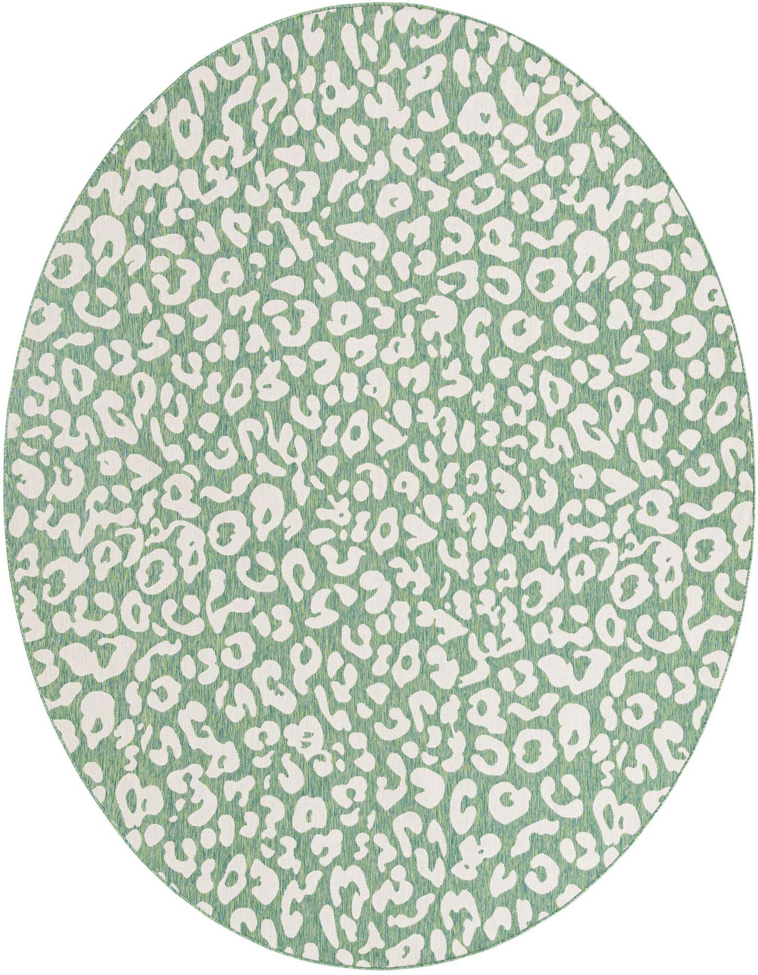 A 12' round blue and green modern leopard print rug, suitable for indoor or outdoor use.