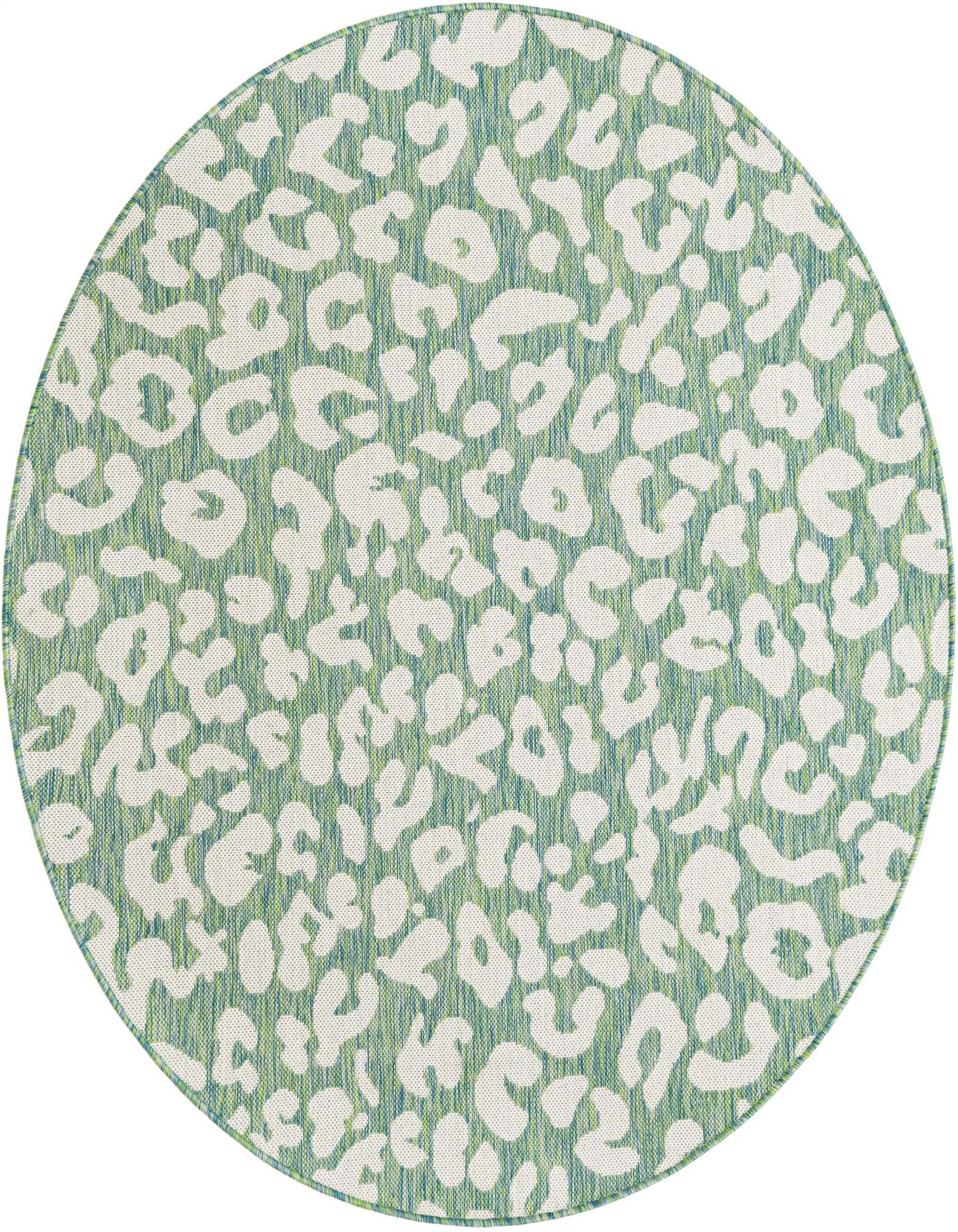 A round 5' 3 x 5' 3 Rugs.com Outdoor Safari rug featuring a modern blue and green leopard print pattern, suitable for a patio.