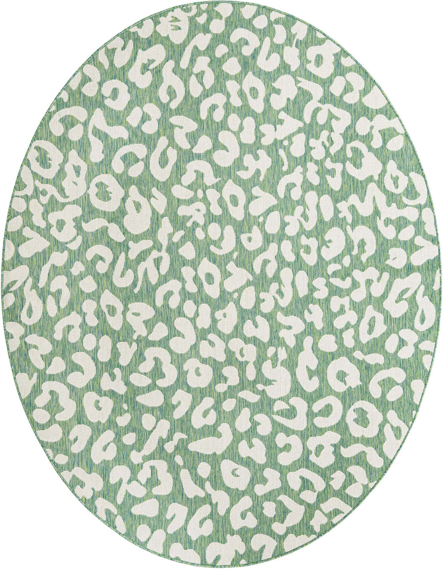 A round 7' 10 x 7' 10 indoor/outdoor rug with a modern blue and green leopard print pattern.