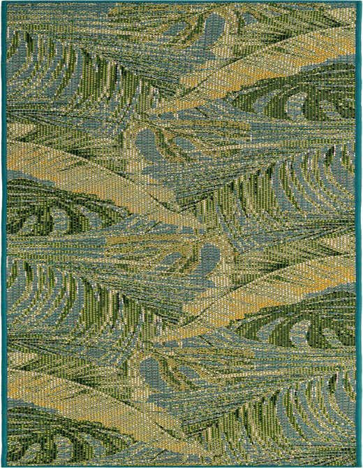A 10 ft runner rug with a modern floral pattern in shades of blue, green, and yellow, suitable for a hallway or patio.