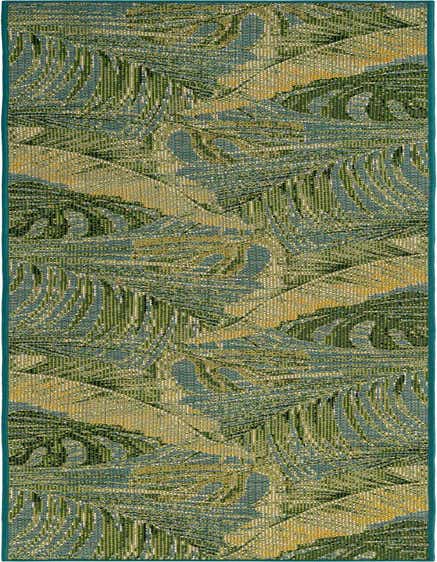 A 12 ft runner rug with a modern botanical pattern in shades of blue, green, and yellow, suitable for a hallway or patio.