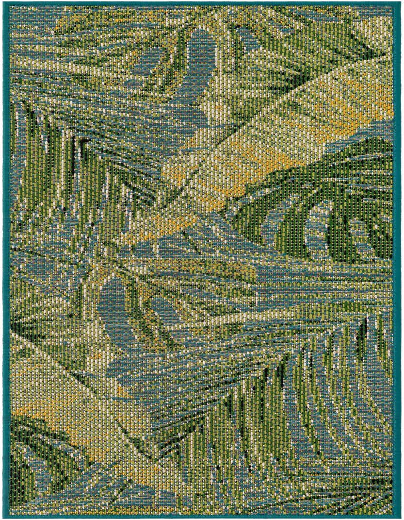 A 5 ft runner rug featuring a modern floral pattern in shades of blue, green, and yellow, with a teal border.